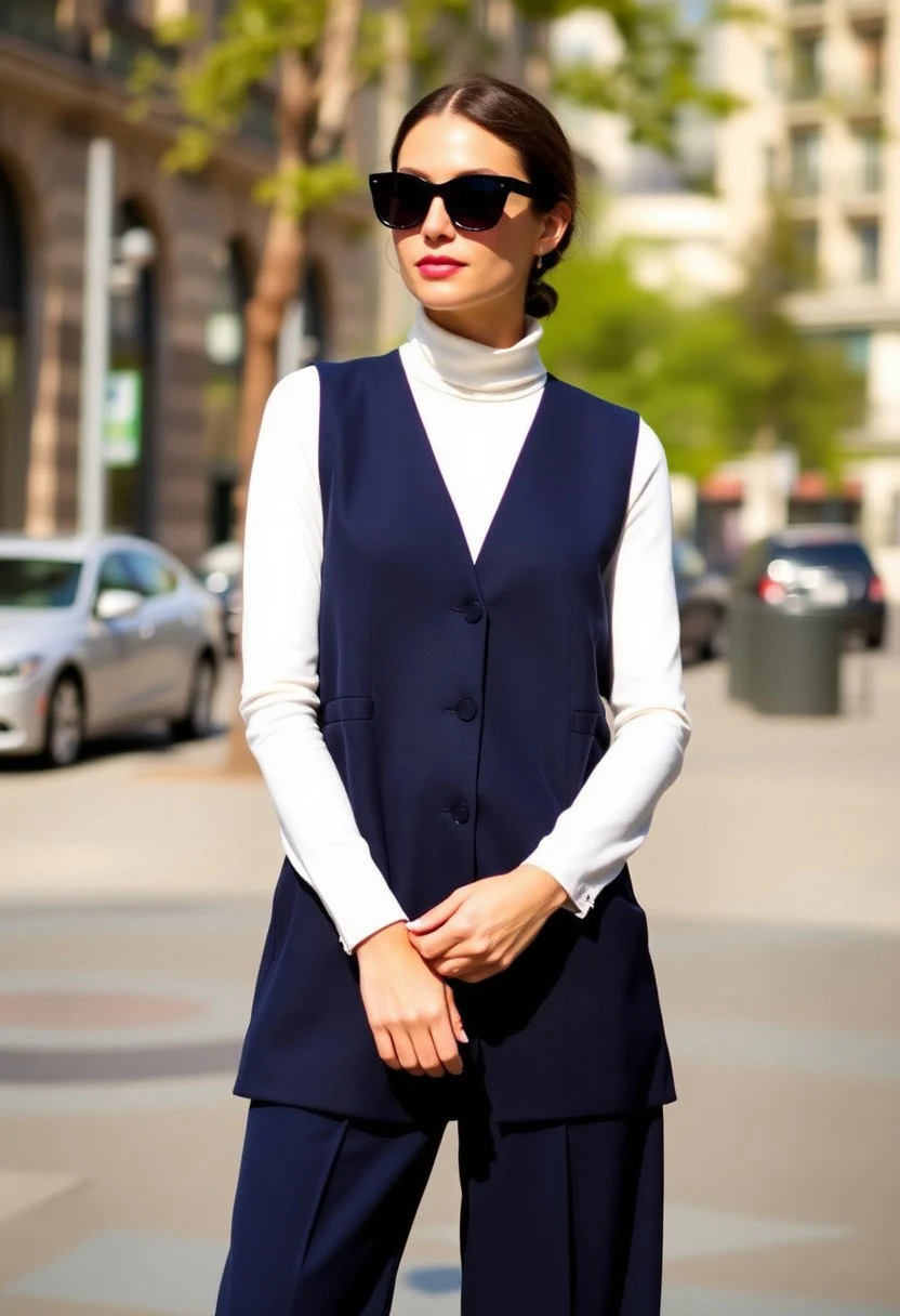 Description: Navy longline vest layered over a cream mock neck top, paired with matching navy wide-leg trousers. Gold-toned accessories add warmth.