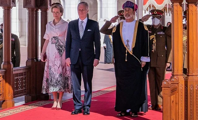 Queen Mathilde wore a Geisha printed taffeta dress from Natan. Sultan of Oman Haitham bin Tariq. Expo 2020