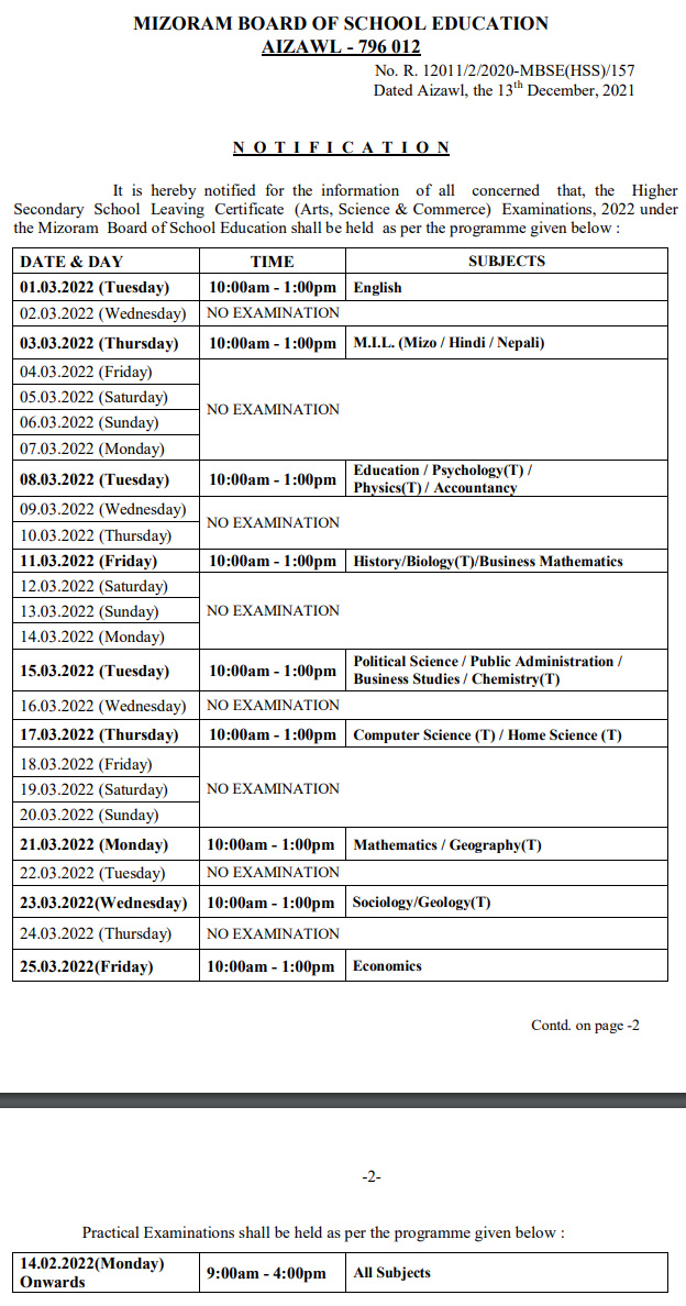 MBSE HSSLC Exam Routine 2022