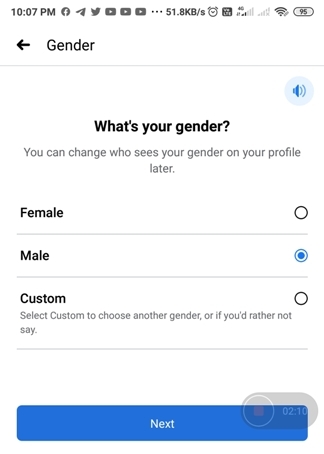 Create New Facebook Account, Enter YoursGender.