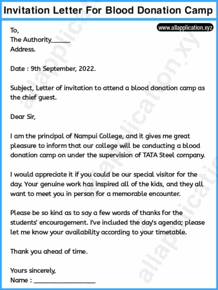 Sample Invitation Letter For Blood Donation Camp.