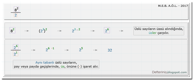 Cevap-71 » MEB 2017 AÖL » Sayısının Yarısı Kaçtır, Üslü Sayılarda Bölme İşlemi » Üslü İşlemler Özellikler.