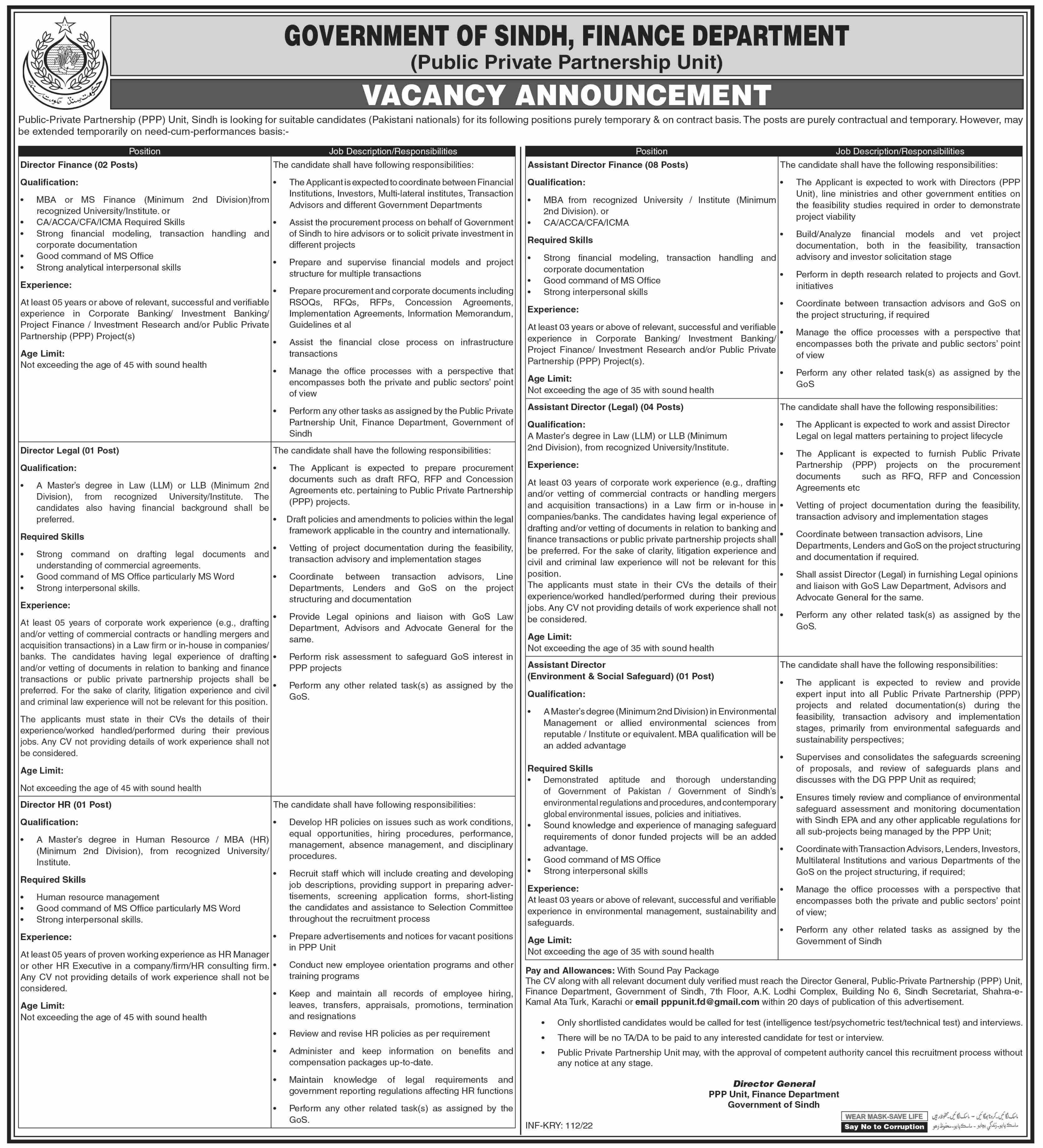 Finance Department Government Of Sindh Admin Clerical Jobs Karachi 2022