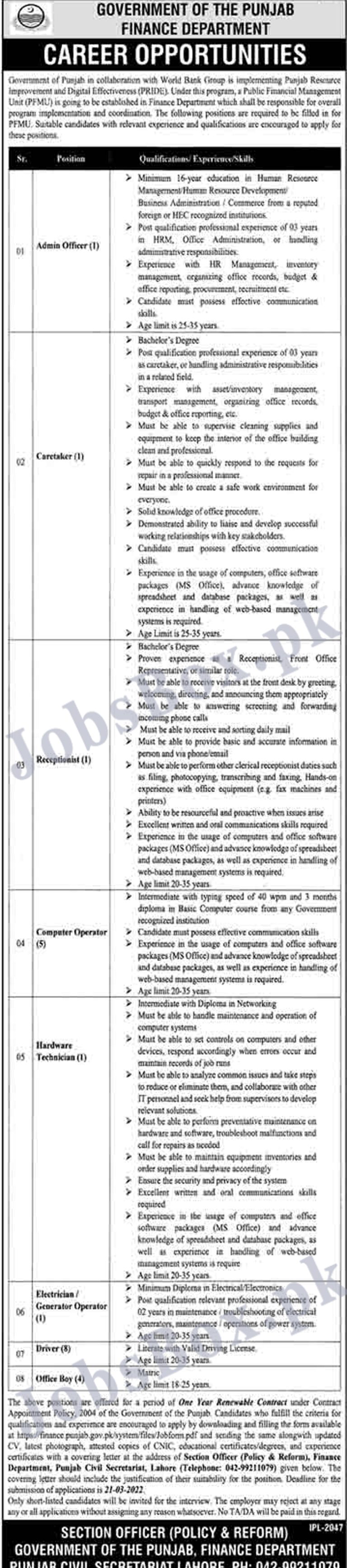 Finance Department Punjab Jobs 2022 – www.finance.punjab.gov.pk-Finance Department Punjab Jobs Advertisement Latest