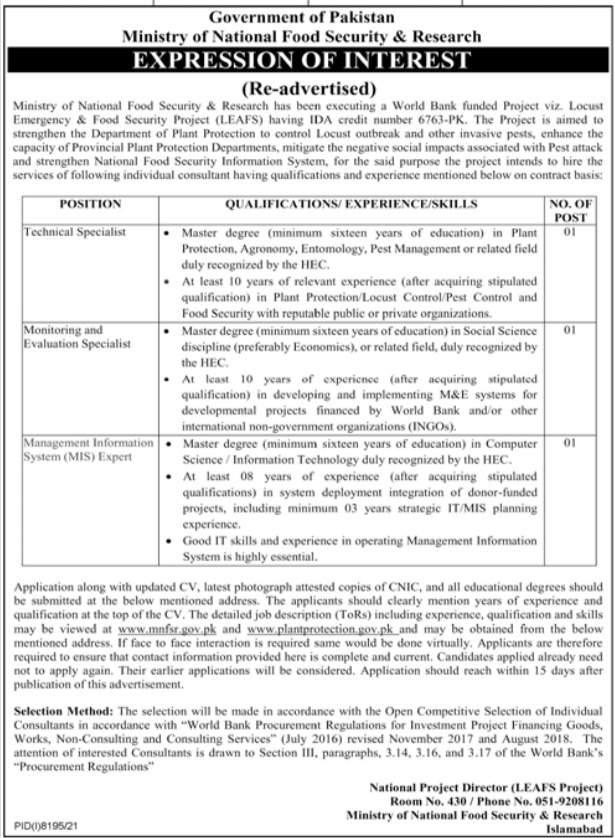 Ministry of National Food Security & Research MNFSR Jobs 2022