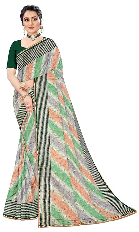 Embellished Dupion Silk FloraL Printed Lace Border Saree with Unstitched Blouse Piece