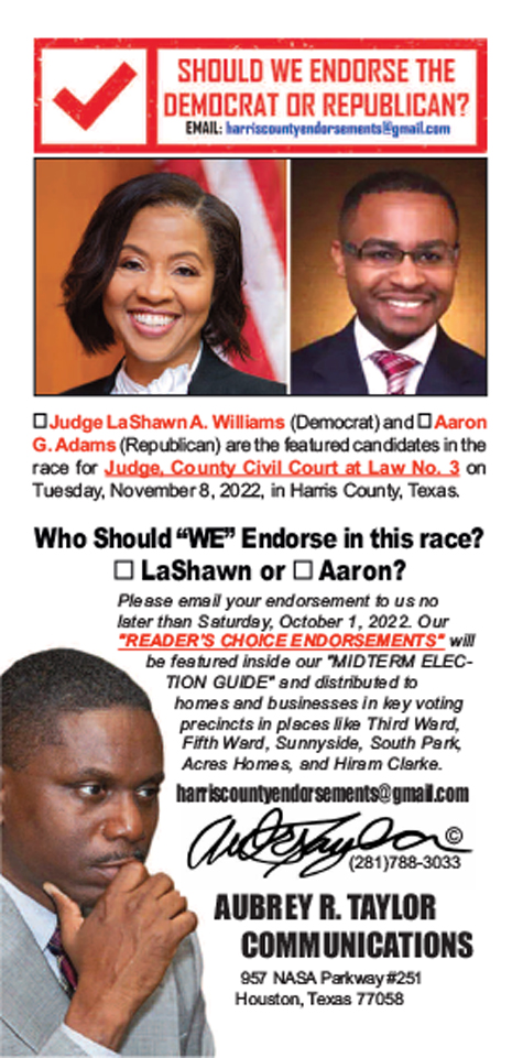 LaShawn Williams and Aaron Adams are running for County Civil Court at Law No. 3