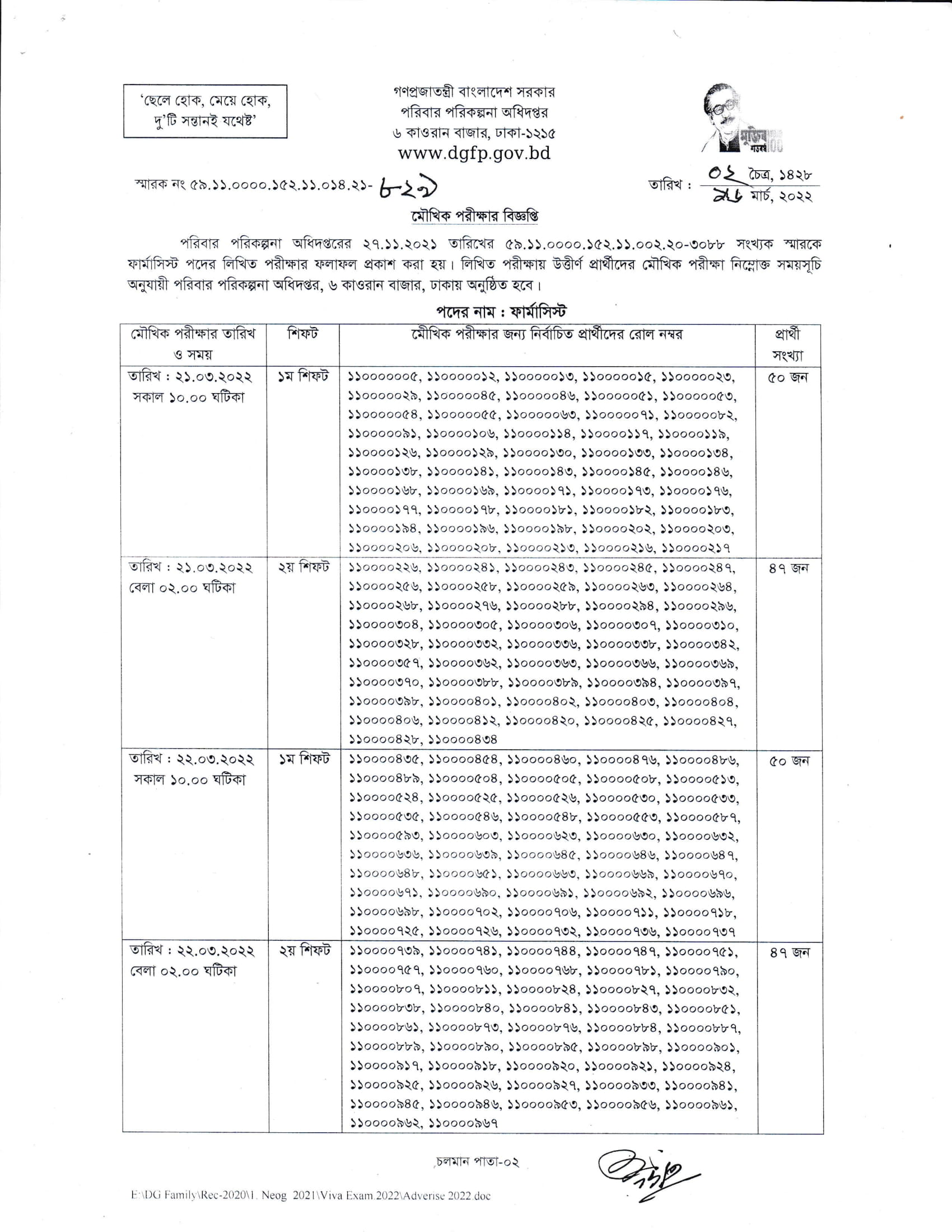 DGFP Viva Exam Date Published