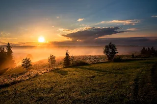 A sun rising over the hill with grass and and trees on a hill. There is a sky that has clouds and a bluish sky.