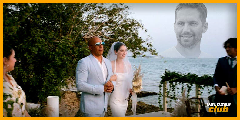 Na imagem vemos o ator Vin Diesel de braços dados com a noiva, que é filha do falecido Paul Walker, do lado direito há uma imagem de Paul Walker em preto e branco com baixa opacidade.