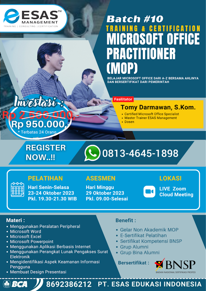 WA.0813-4645-1898 | Microsoft Office Practitioner (MOP), Sertifikasi BNSP RI Microsoft Office 23 Oktober 2023