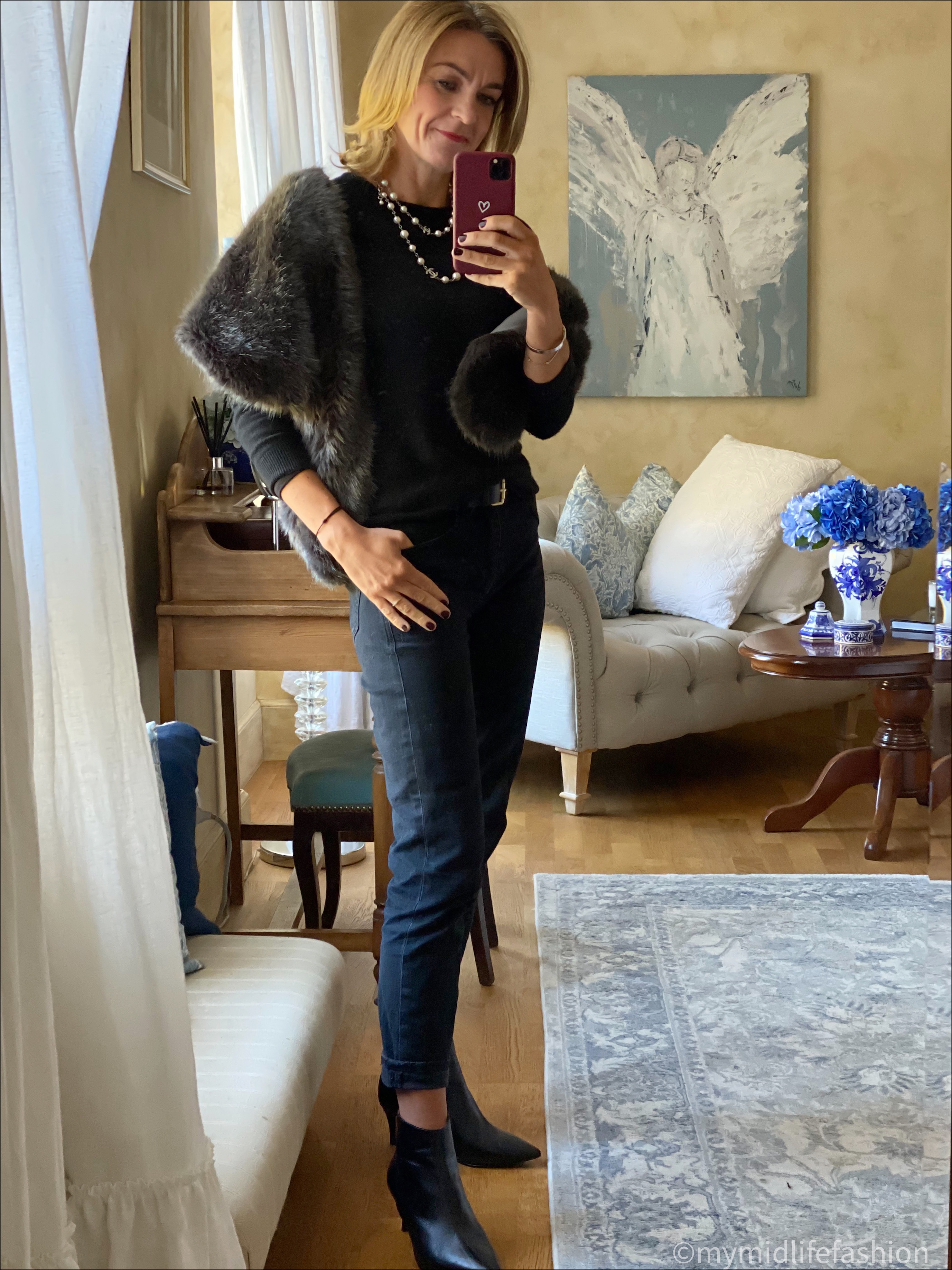 my midlife fashion, banana republic faux fur stole, Boden cashmere crew neck jumper, Chanel pearl necklace, Boden classic leather belt, baukjen organic boyfriend jean, sole bliss kitten heel ankle boots