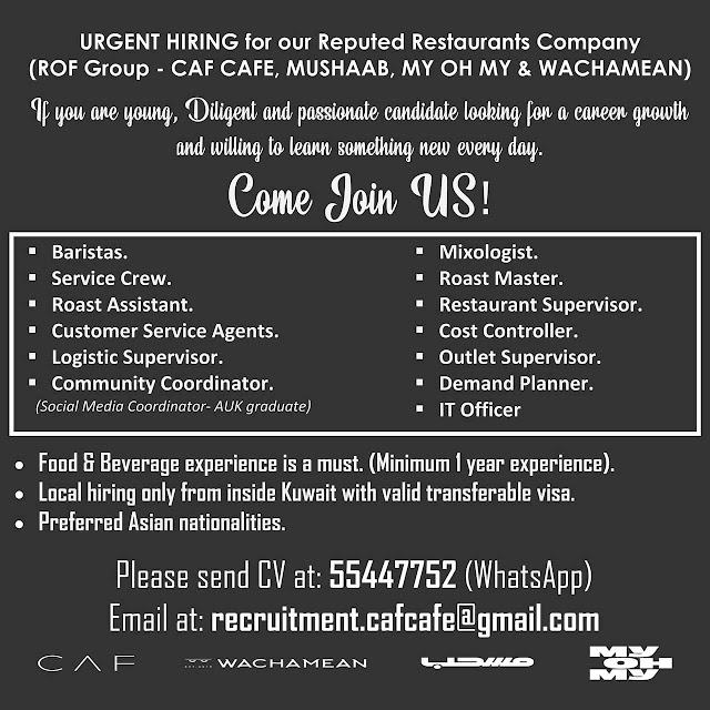 URGENT HIRING for our Reputed Restaurants Company  in kuwait