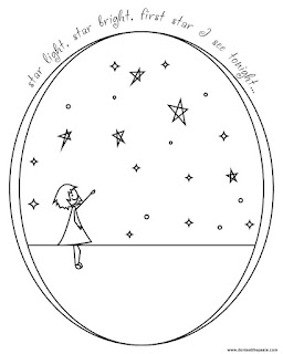 Printable coloring page- a stick figure girl point at a star. Text around the image says "Star light, star bright, first star I see tonight"