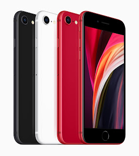 Apple iPhone SE (2020) shown in Black, White, and PRODUCT(RED) colours. Photo courtesy of Apple.