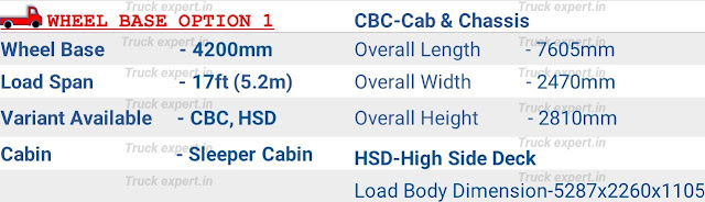 Ashok leyland Ecomet Star 1415 HE Sleeper Cabin  option 1 - Sleeper Cabin       Ashok leyland Ecomet Star 1415 HE of 4200mm wheelbase have a load body span of 17ft (5.2m) , the overall dimensions of cab & chassis (chassis without load body) are mentioned above including its overall length-7605mm, overall height-2810mm, overall width- 2470mm, & fuel tank capacity of 185 Ltr.   This vehicle comes with only high side deck load body option with an internal cargo box / load body length of 5287mm & a width of 2260mm,the internal height of 1105mm.Please refer to the top of the page for detailed specifications.