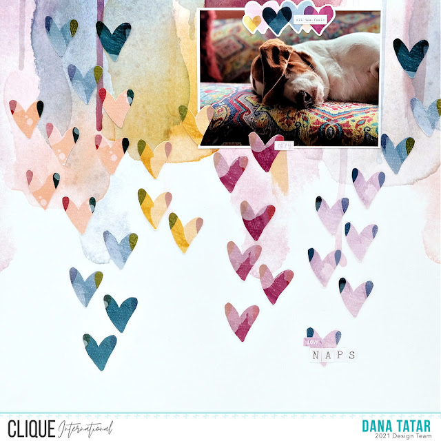 Colorful Fussy Cut Heart Scrapbook Layout with Sleeping Basset Hound Photo