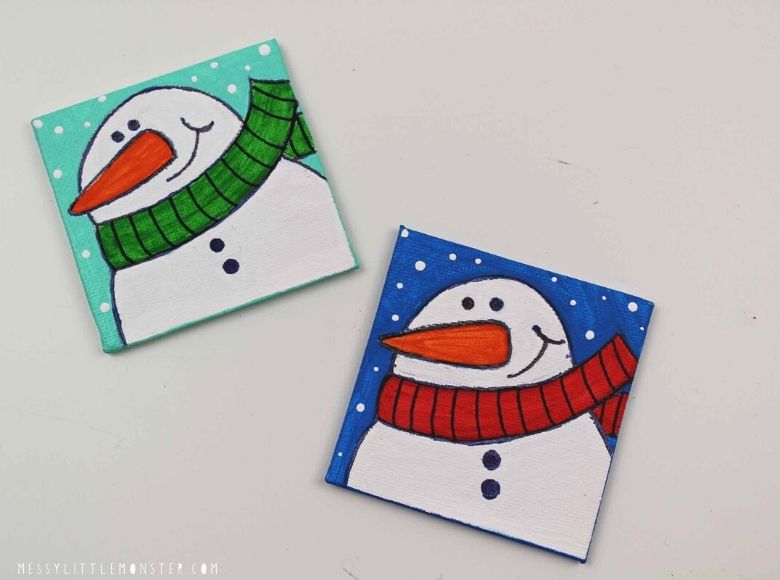 snowman painting on mini canvas