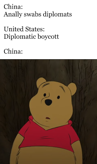 Surprised Winnie the Pooh face meme Pikachu Xi Jinping anal swabs diplomatic boycott