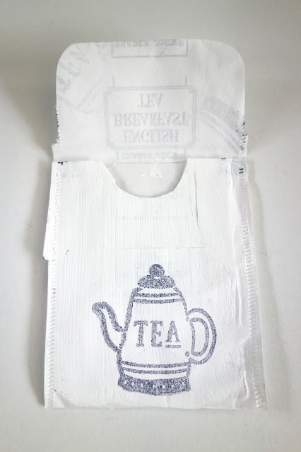 Trader Joe's English Breakfast Teabags, crafting with tea, repurposing teabags, crafts, handmade, paper crafts, handmade stationery, crafting with tea, paint, cling stamps and ink pad, decorating tea bags, blah to TADA