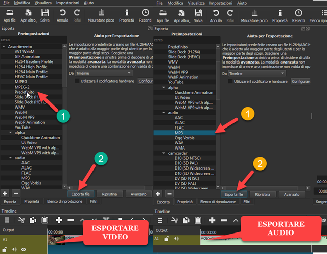 esportazione di file audio e video