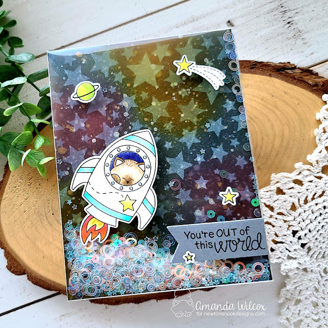 Space themed Shaker Card by Amanda Wilcox | Cosmic Newton Stamp Set, Cascading Stars Stencil and Frames & Flags Die Set by Newton's Nook Designs #newtonsnook