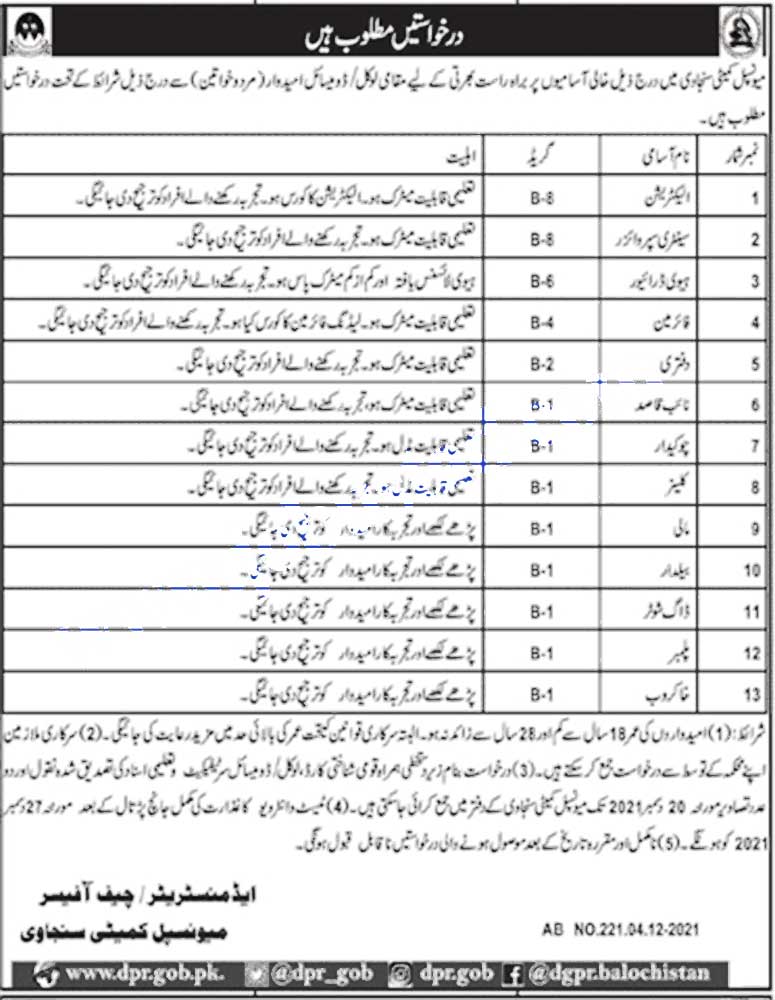 Municipal Committee Jobs in Sanjawi Advertisement