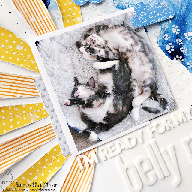 Sun and Clouds Kitten Scrapbook Page by Samantha Mann | Springtime Paper Pad, Love & Meows Paper Pad, Petite Paw Prints Stencil and Sky Scene Builder Die Set by Newton’s Nook Designs #newtonsnook #handmade