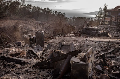 color photograph showing burnt remains if homes following wildfires in Maui