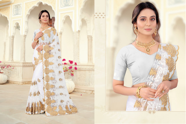 Milk White Color Soft Net With Inner Fabric 2.5 Mtr.Heavy Resham Embroidery Work Saree