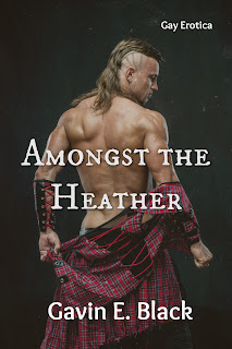 Gay Erotica bookcover for Amongst the Heather showing man dressed in a tartan skirt