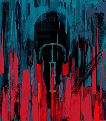 Blue and Red painting of a vampire on a bicycle