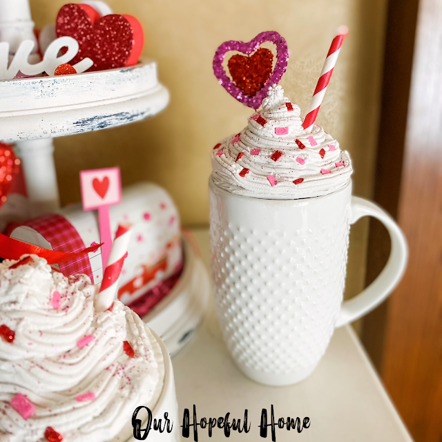 Hobby Lobby glitter Valentine heart pick white mug fake topper