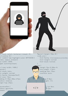 Telefon z ikoną hakera przedstawia zagrożenia oraz obraz ze stojącym hakerem ma przedstawiać próbę phishingu