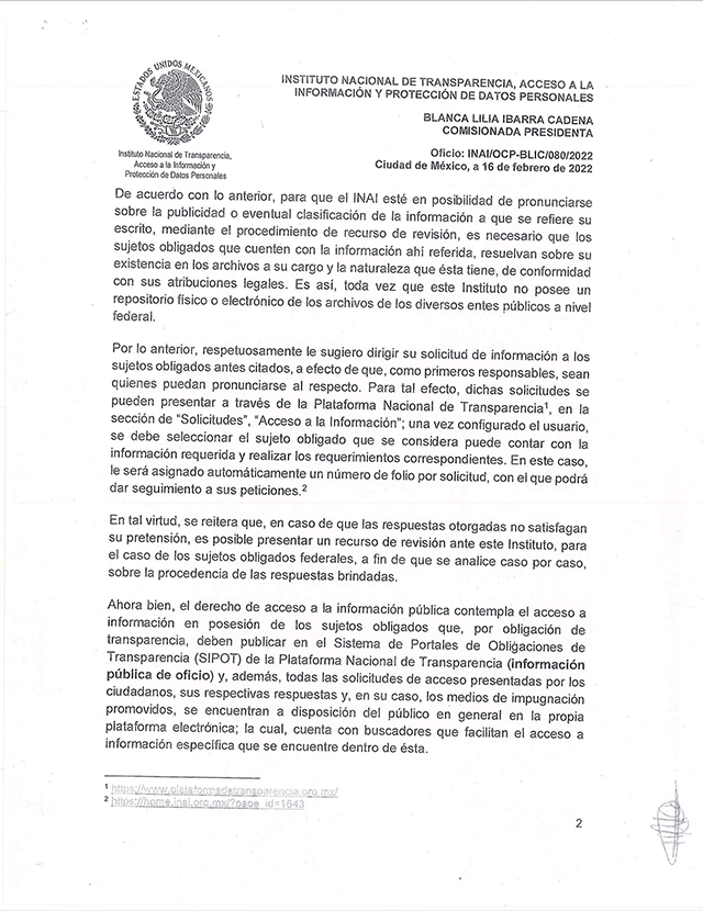 “Le sugiero dirigir su solicitud de información a los jueces sujetos obligados citados para que sean quienes puedan pronunciarse al respecto”: Ibarra Cadena