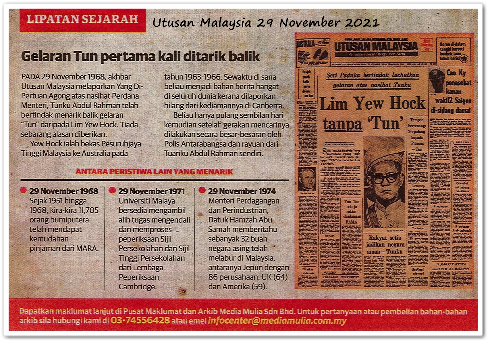 Lipatan sejarah 29 November - Keratan akhbar Utusan Malaysia 29 November 2021