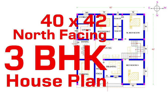 40 x 42 North Face 3 BHK House Plan as per vastu. - RK Home Plan