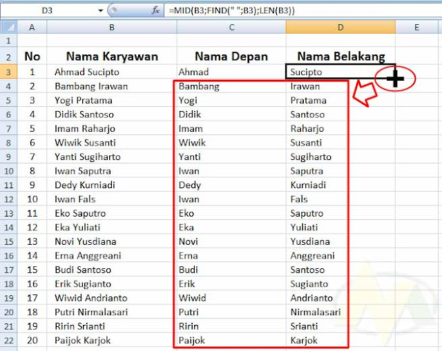 Tips cara Memisahkan Nama Depan dan Nama Belakang di Excel.