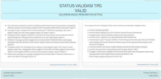 Info GTK Tahun 2023 Khusus Lulusan PPG 2022 Sudah Valid-MENUNGGU PENERBITAN SKTPG, date data terakhir : 3 April 2023  Proses Validasi : 01 Mei 2023