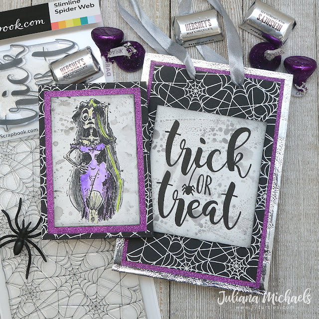 Trick or Treat Halloween Gift Bags and Cards by Juliana Michaels featuring Scrapbook.com Spider Web Slimline Stamp, Rainbow Glitter Paper Pad and Tim Holtz Monster's Reunion Stamp Set