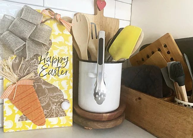 bunny tag in kitchen with wooden spoons