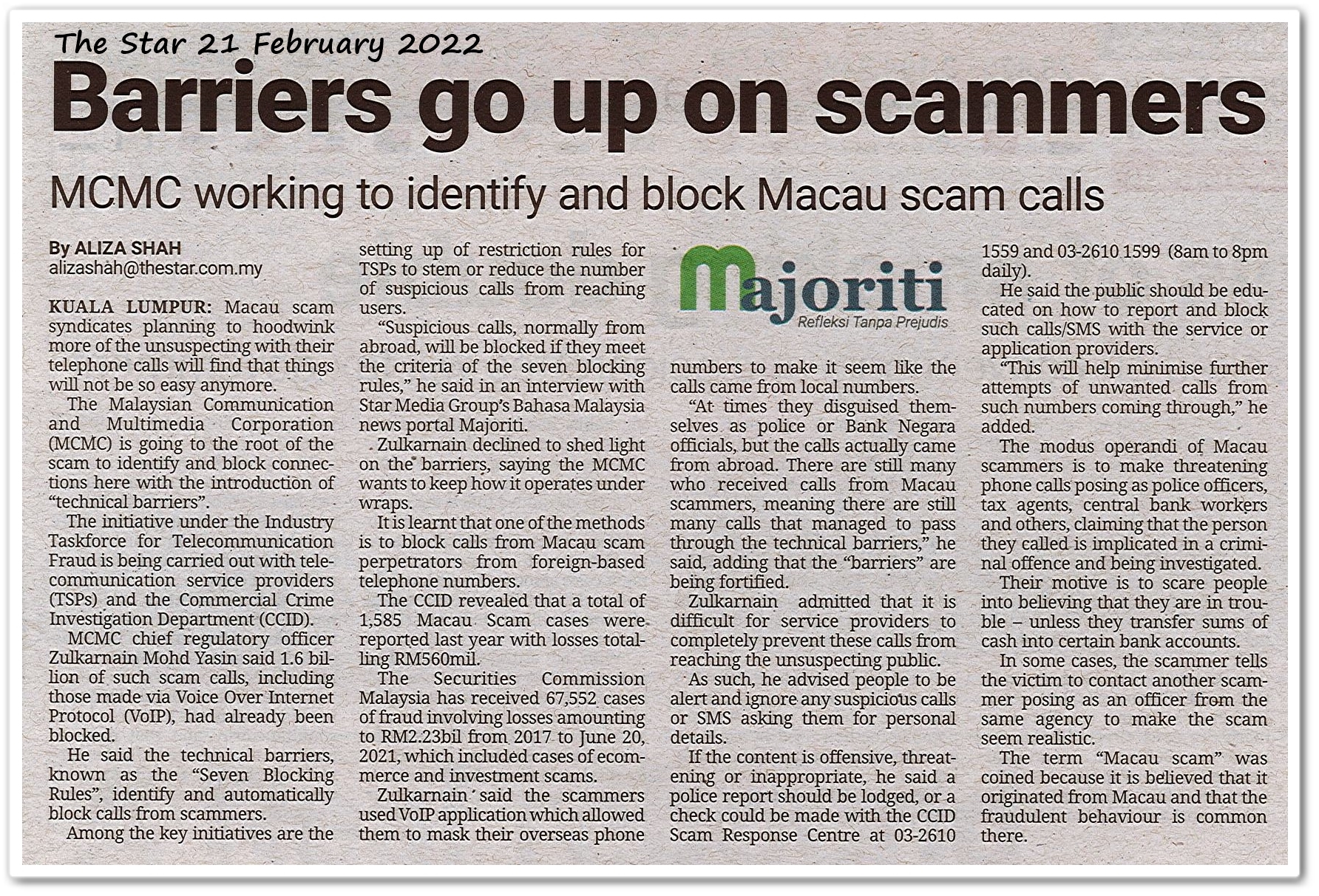 Barriers go up on scammers ; MCMC working to identify and block Macau scam calls - Keratan akhbar The Star 21 February 2022