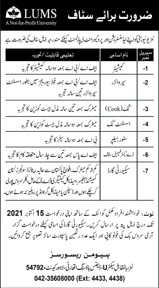 Teaching Department Latest Jobs In Pakistan 2021| Lahore University of Management Sciences LUMS Latest Jobs 2021