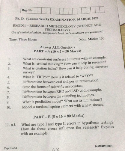 research methodology course work question paper