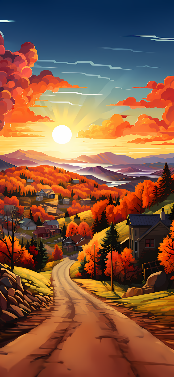 A winding road leads through a village surrounded by colorful autumn foliage, with a vibrant sunset in the background.