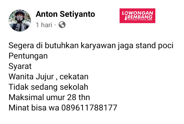 Lowongan Kerja Karyawati Stand Poci Pentungan Rembang