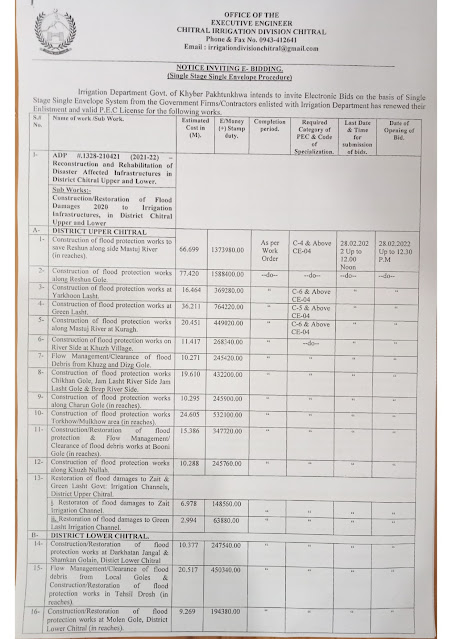 tenders in chitral irrigation division chitral 2022, tenders in chitral , chitral tenders 2022, irrigation tenders chitral february 2022