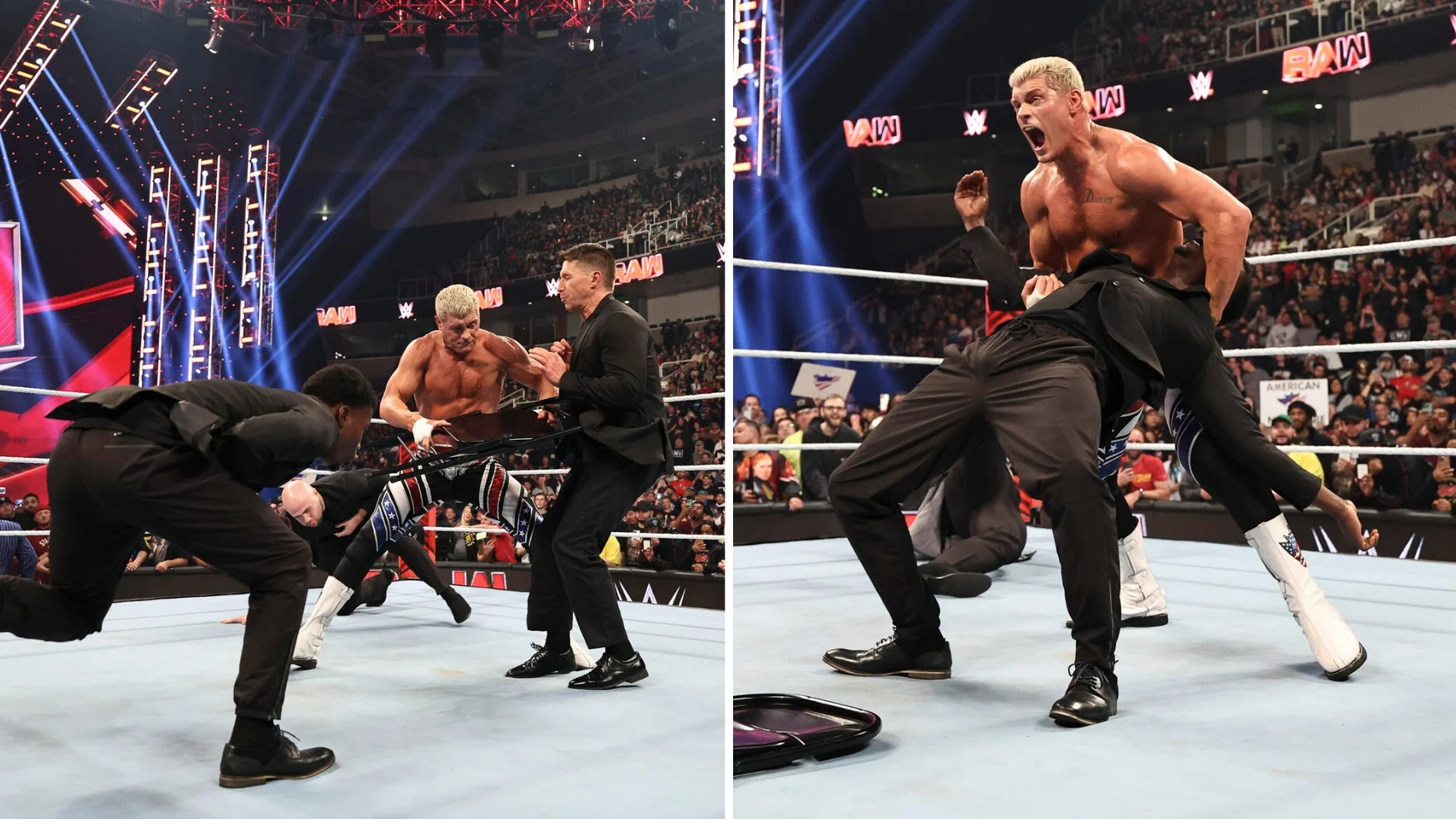 Cody Rhodes attacking the NYPD Security on WWE Raw