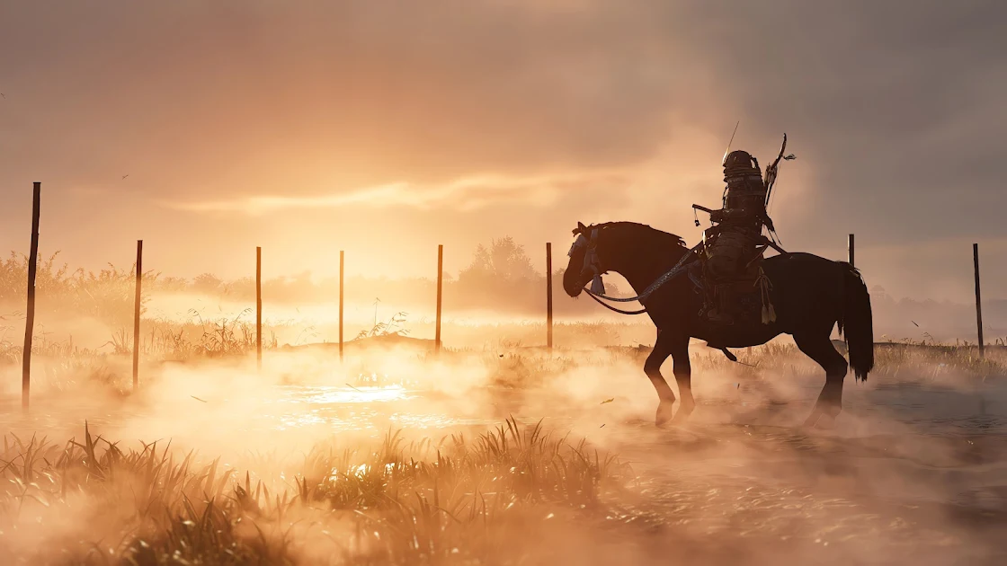 A 4K image capturing a stunning sunrise scene with a Ghost of Tsushima samurai warrior on horseback in a misty, atmospheric field.