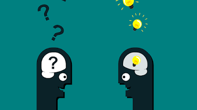 cartoon of two people thinking, one with question marks and one with lightbulbs